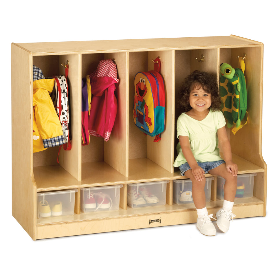 66850JC, Jonti-Craft Toddler 5 Section Coat Locker with Step - with Clear Cubbie-Trays