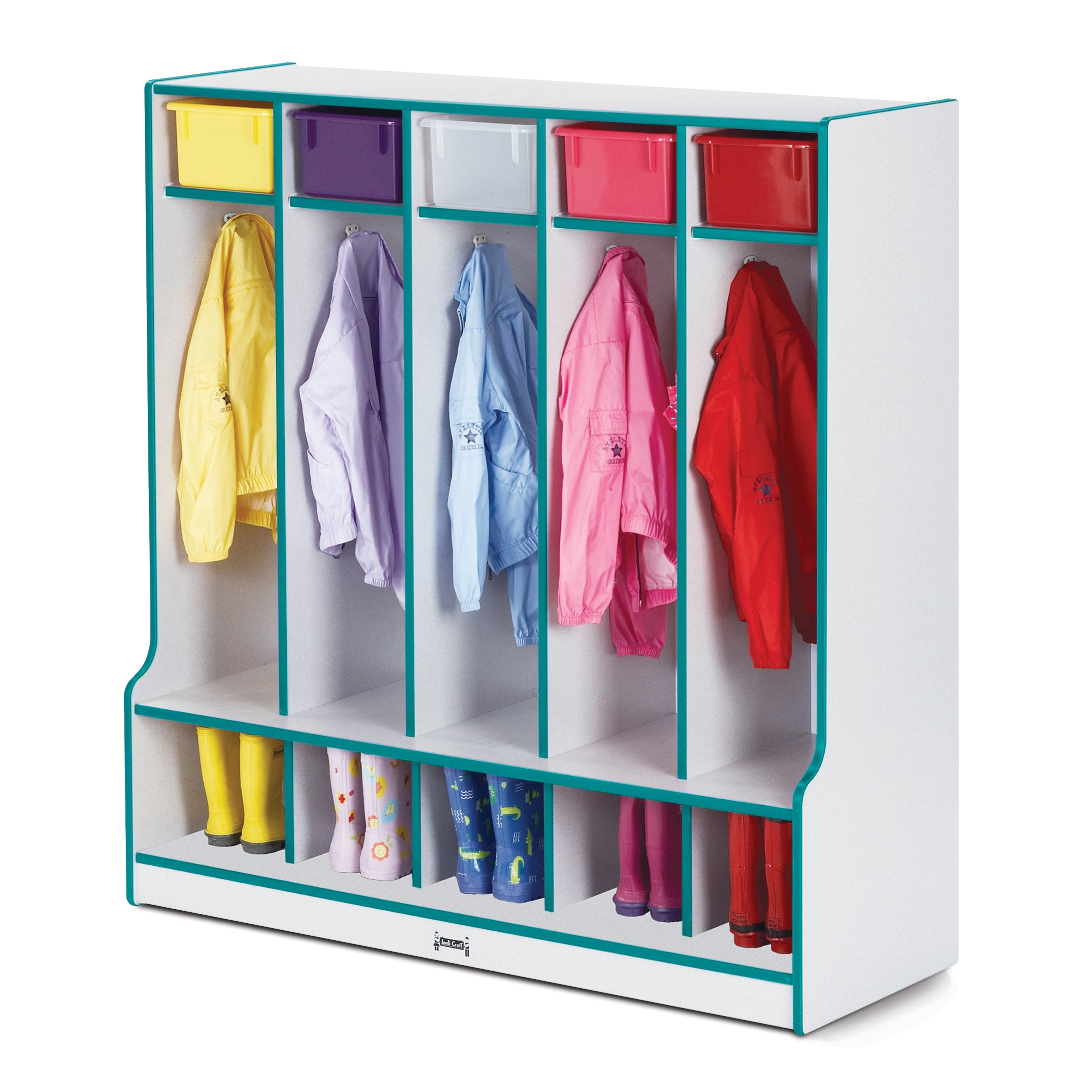 0468JCWW005, Rainbow Accents 5 Section Coat Locker with Step - Teal