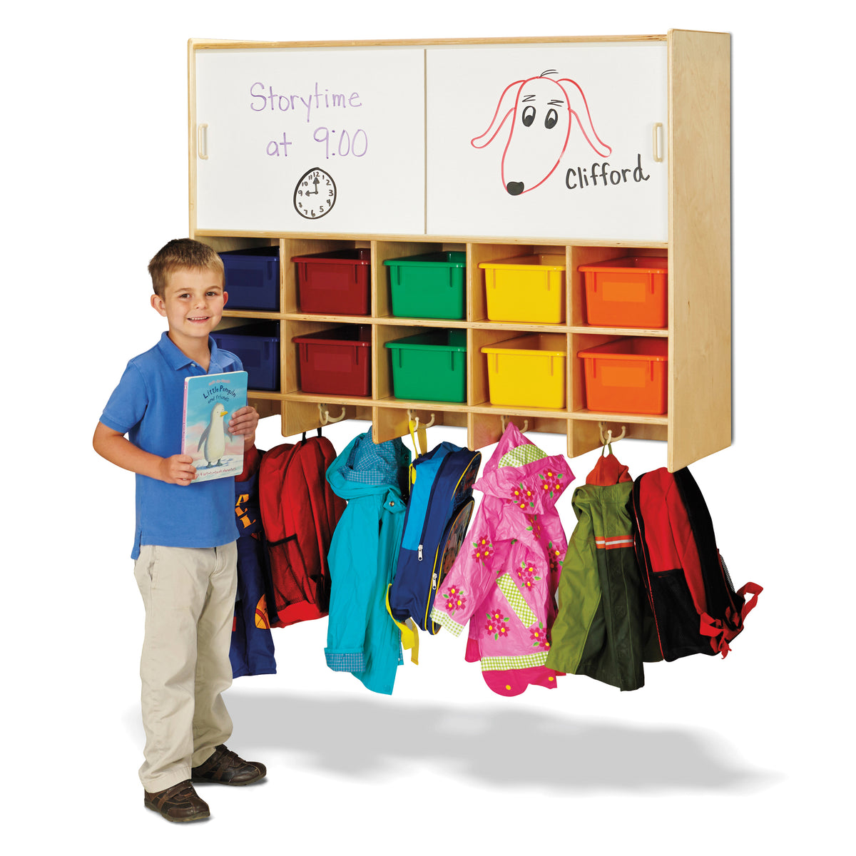 0809JC, Jonti-Craft 10 Section Wall Mount Coat Locker with Storage - with Colored Cubbie-Trays