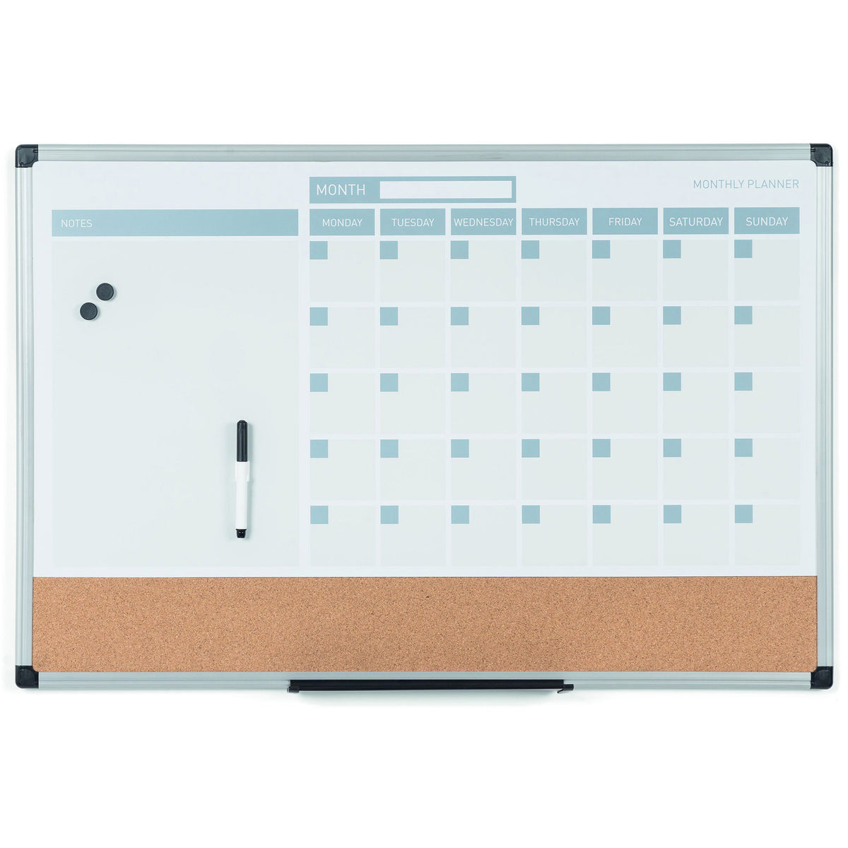 MB0707186P Magnetic Dry Erase Monthly Calendar Planner Push Pin Corkboard Combo with Marker Tray, 24" x 36", Gray Plastic Frame by MasterVision