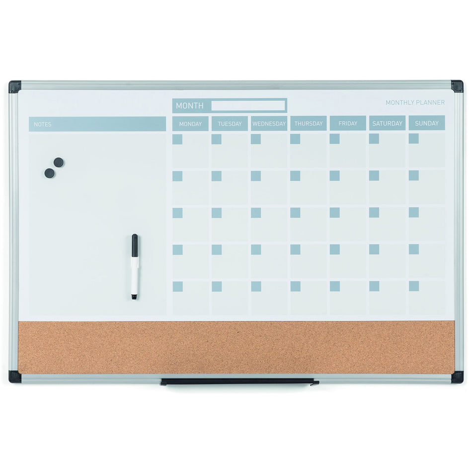 MB3507186 Magnetic Dry Erase Monthly Calendar Planner Push Pin Corkboard Combo with Marker Tray, 18" x 24", Gray Plastic Frame by MasterVision