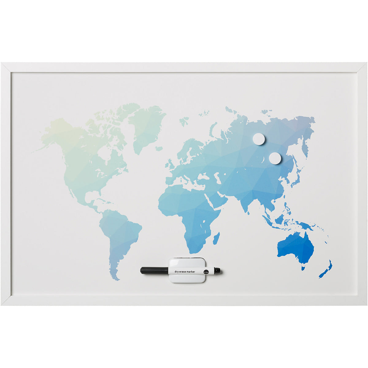 MM07450660 World Map Dry Erase White Board, Magnetic & Wall Mounting, Includes Marker, Eraser & Magnets, 24" x 36", White Wood Frame by MasterVision