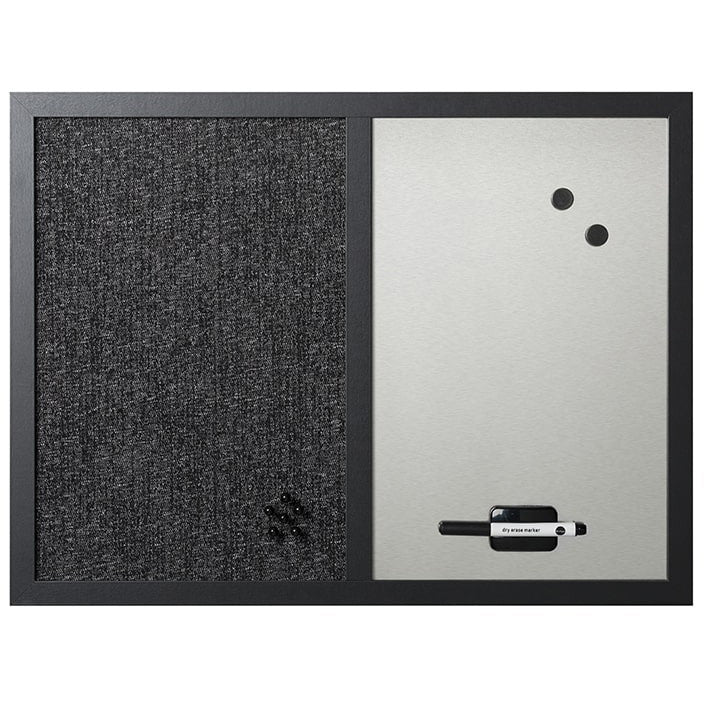 MX04433168 Metallic Silver Dry Erase Whiteboard Bulletin Board Combo, Textured Black Fabric Push Pin Board, 18" x 24", Black Wood Frame by MasterVision