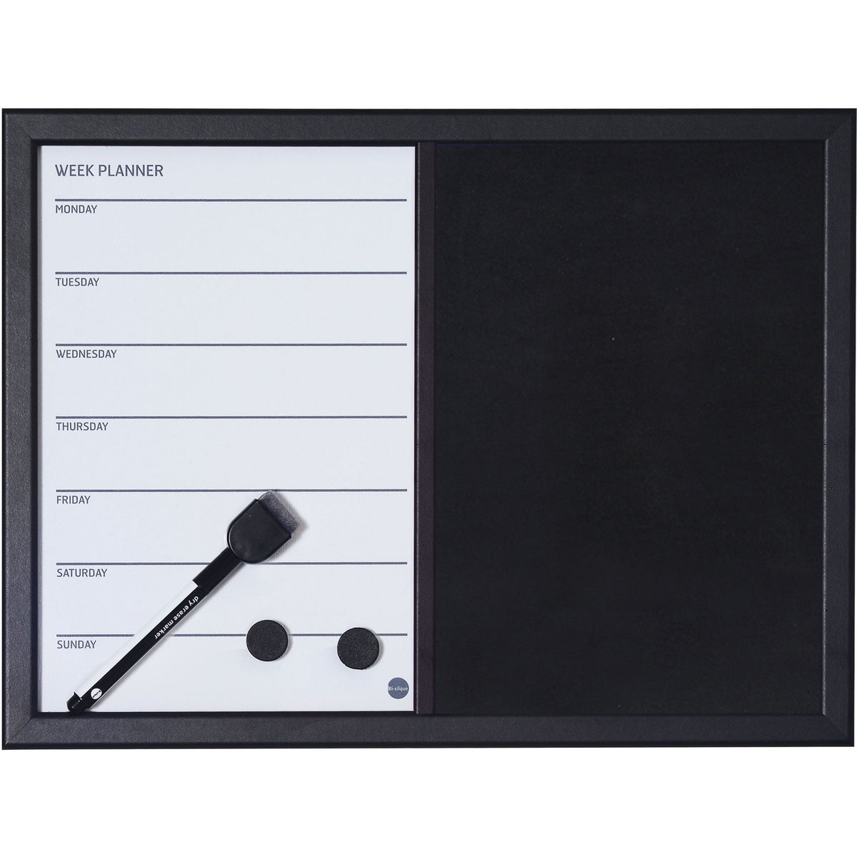 MX04445161 Weekly Planner Magnetic Dry Erase White Board Black Felt Push Pin Bulletin Board Combo, 18" x 24", Black Frame by MasterVision