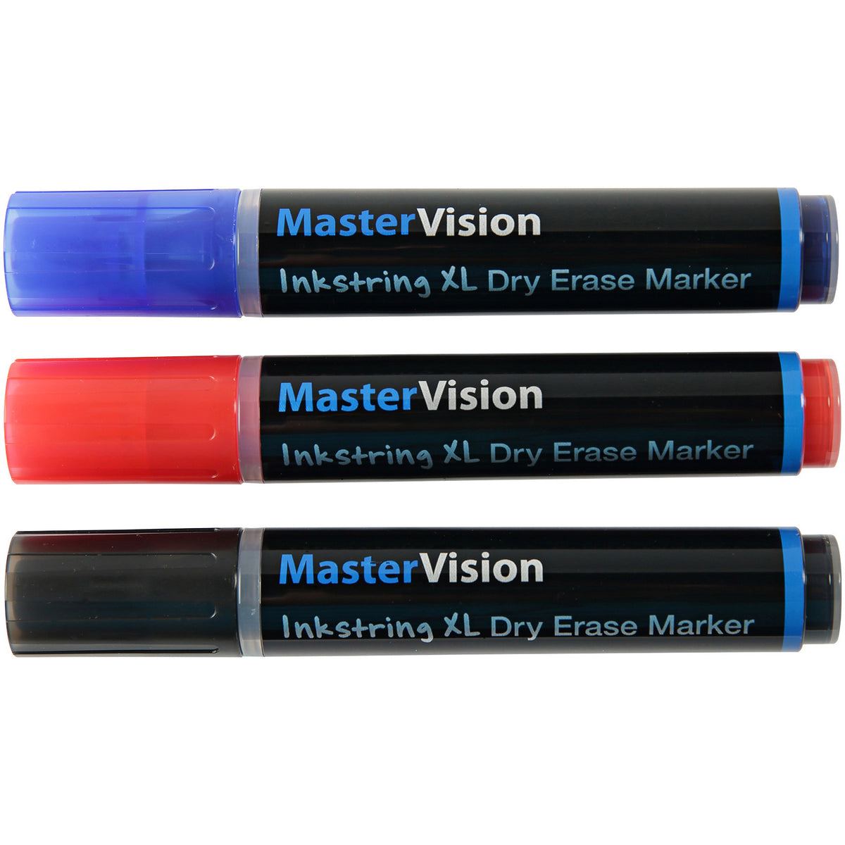 PE4104 Inkstring XL Dry Erase Markers, Assorted Box of 3, Black, Blue, Red, Dust-free Design Prevents Ghosting On Boards, Large Ink Supply, Long Lasting by MasterVision