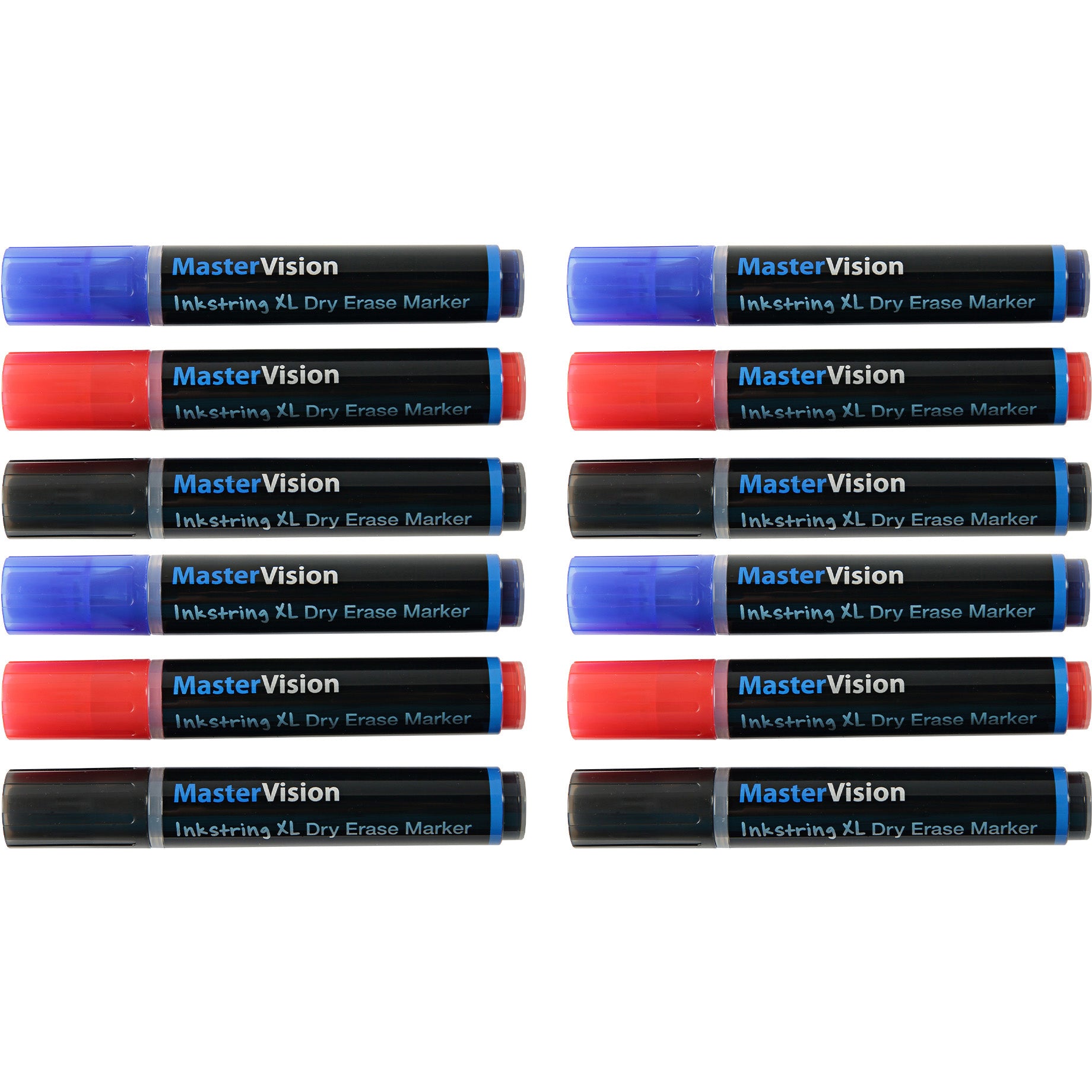 PE4304 Inkstring XL Dry Erase Markers, Assorted Box of 12, Black, Blue, Red, Dust-free Design Prevents Ghosting On Boards, Large Ink Supply, Long Lasting by MasterVision
