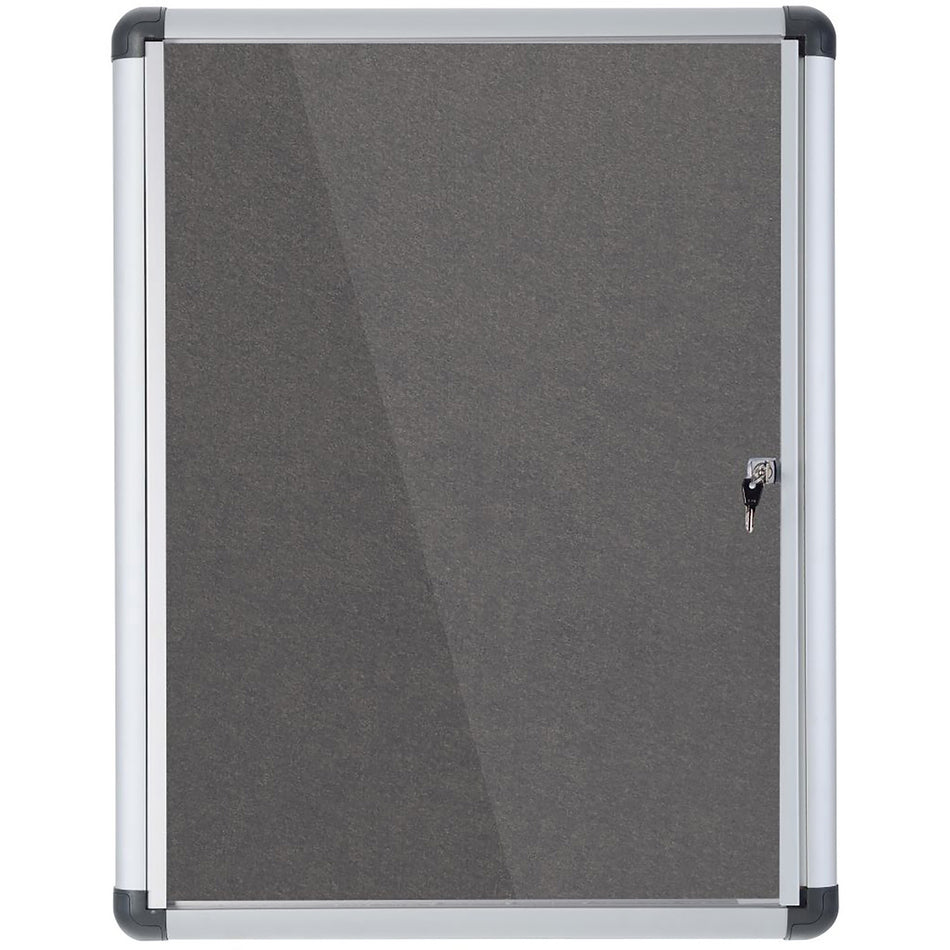 VT630103690 Slimline Enclosed Locking Swing Door Bulletin Board, Wall Mounting Gray Fabric Message Board, 39" x 28", Aluminum Frame by MasterVision