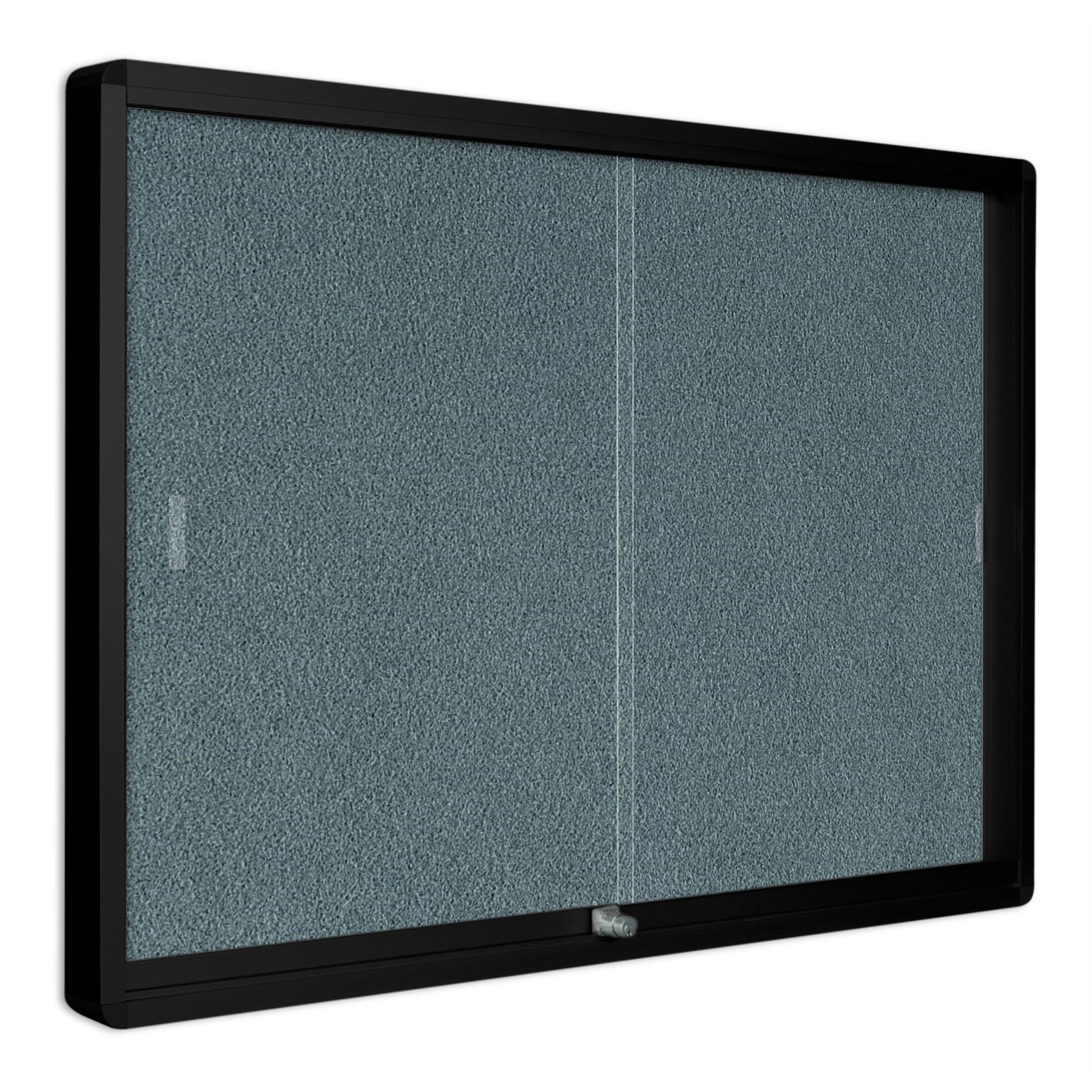 VT640103717 Enclosed Locking Sliding Doors Bulletin Board, Wall Mounting Gray Fabric Message Board, 38" x 45", Black Aluminum Frame by MasterVision